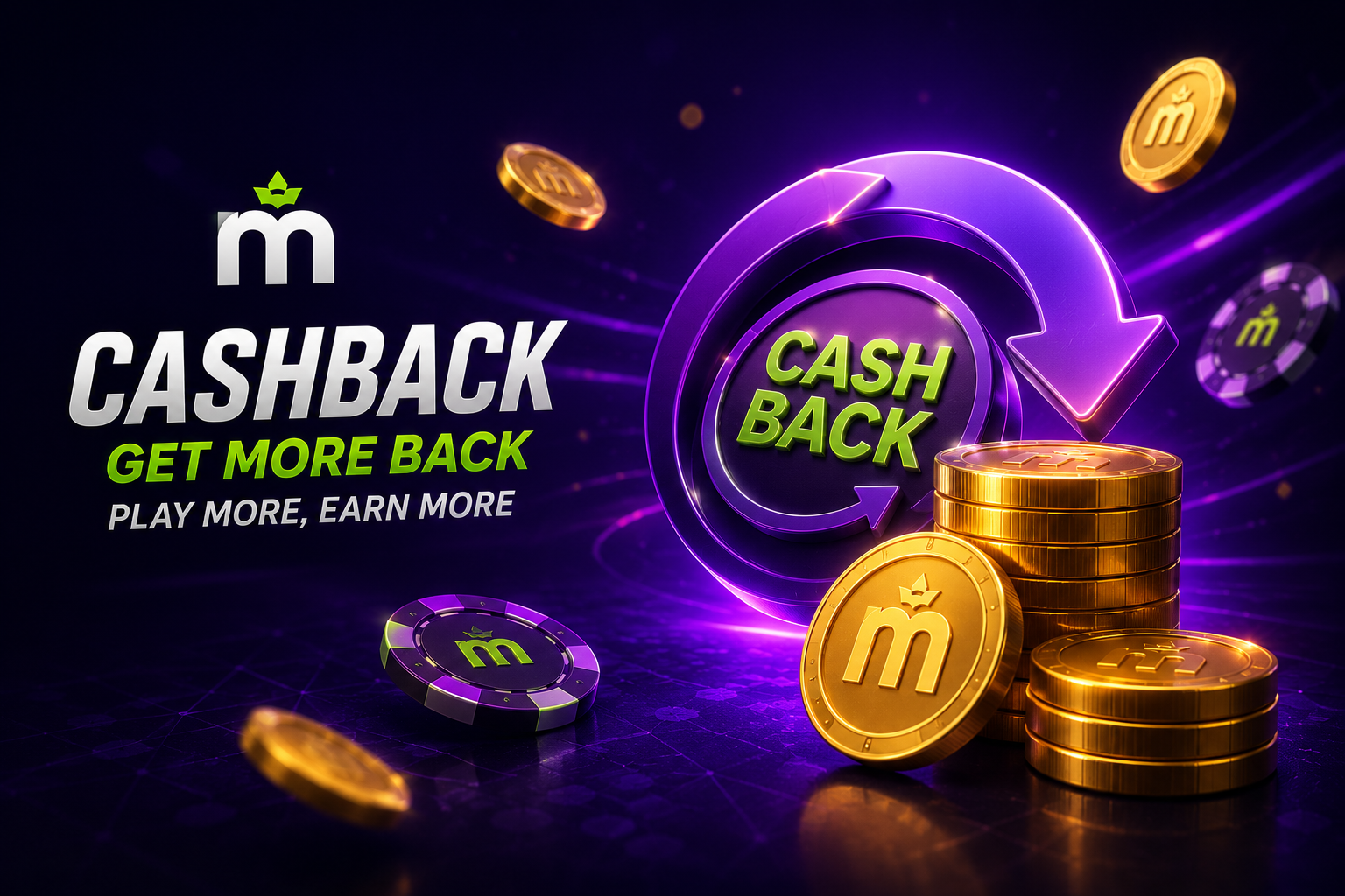 Ilustración de un símbolo de porcentaje de cashback y monedas para MaxWin Casino