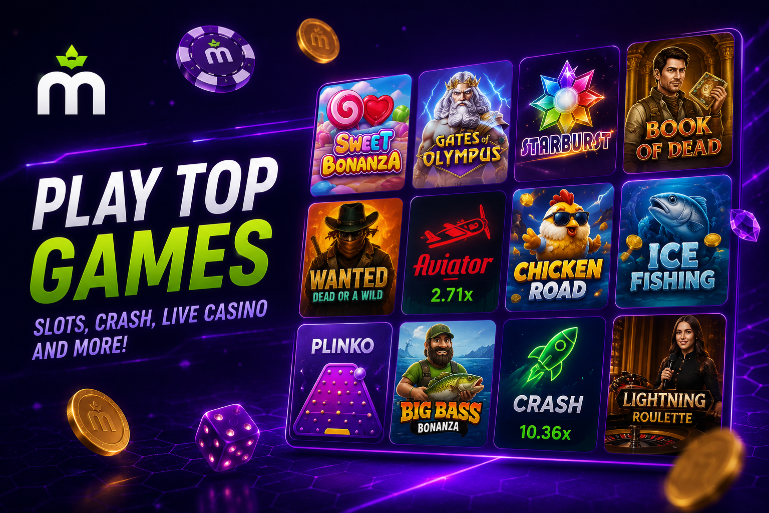 Ilustración de una cuadrícula de tragamonedas y juegos de casino en vivo de MaxWin Casino
