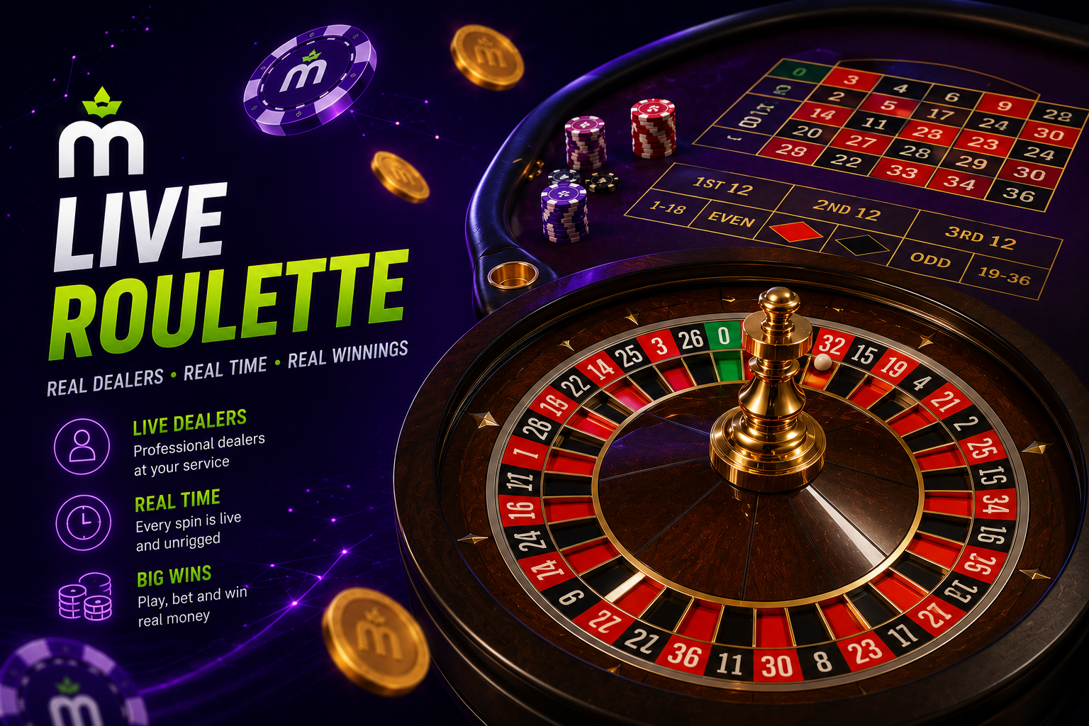 Ilustración de una ruleta en vivo y cartas representando el casino en vivo de MaxWin Casino