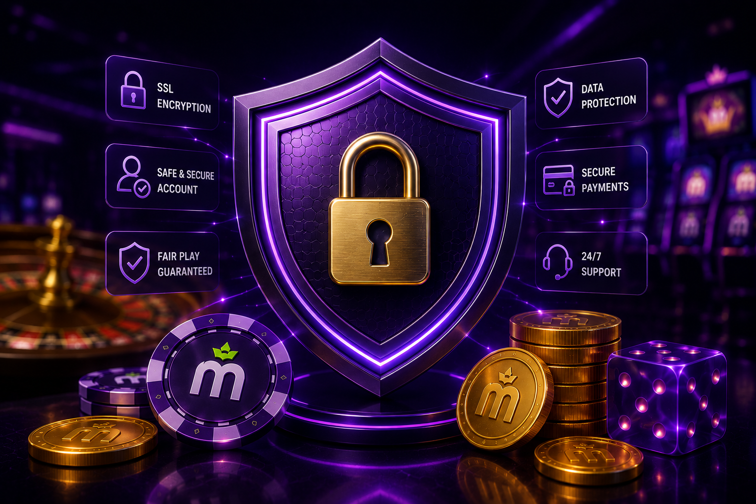 Ilustración de un escudo y candado representando la seguridad de la cuenta en MaxWin Casino